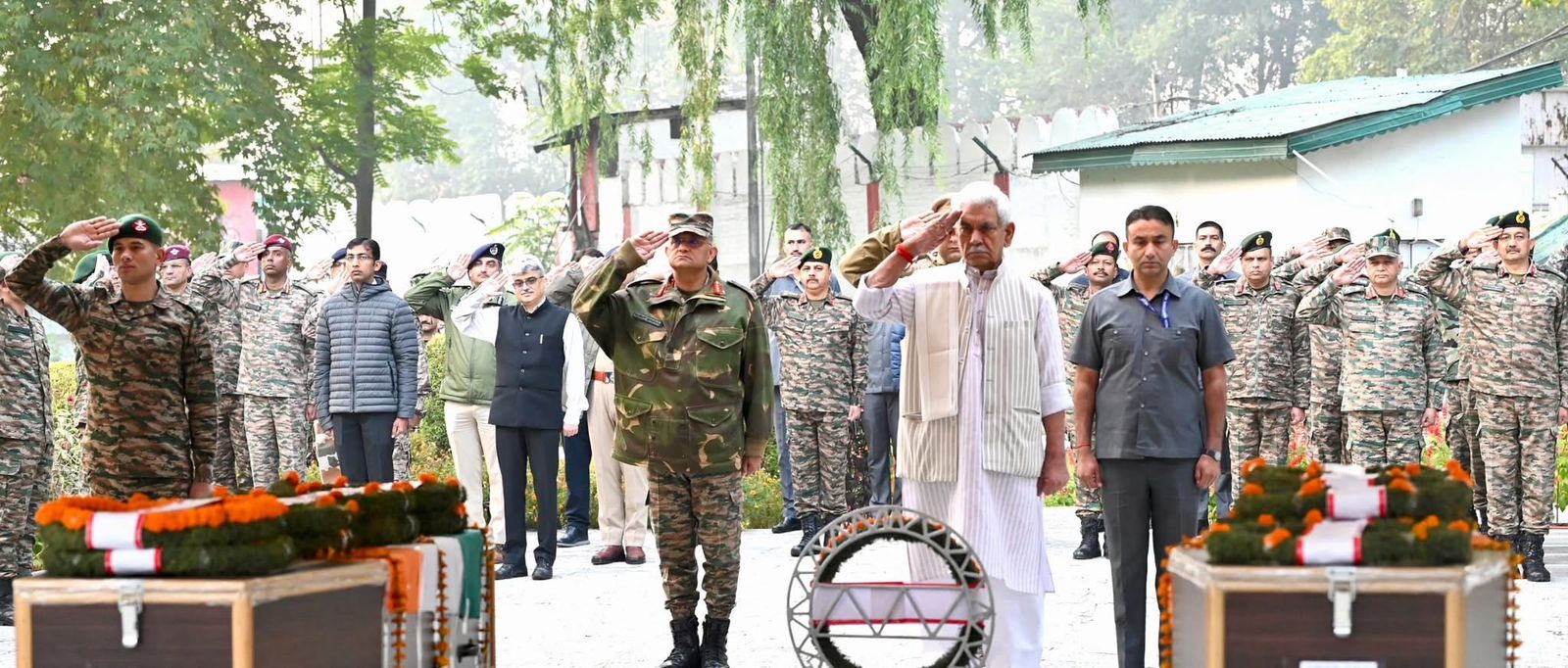 LG Sinha Pays Homage to Army Bravehearts in Srinagar Martyred in Kokernag LG Sinha Pays Homage to Army Bravehearts in Srinagar Martyred in Kokernag