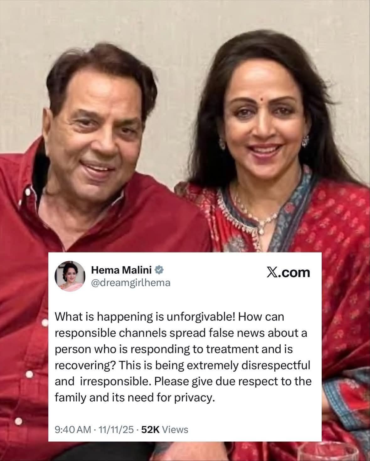 Hema Malini Slams ‘False, Irresponsible’ Reports on Dharmendra’s Health